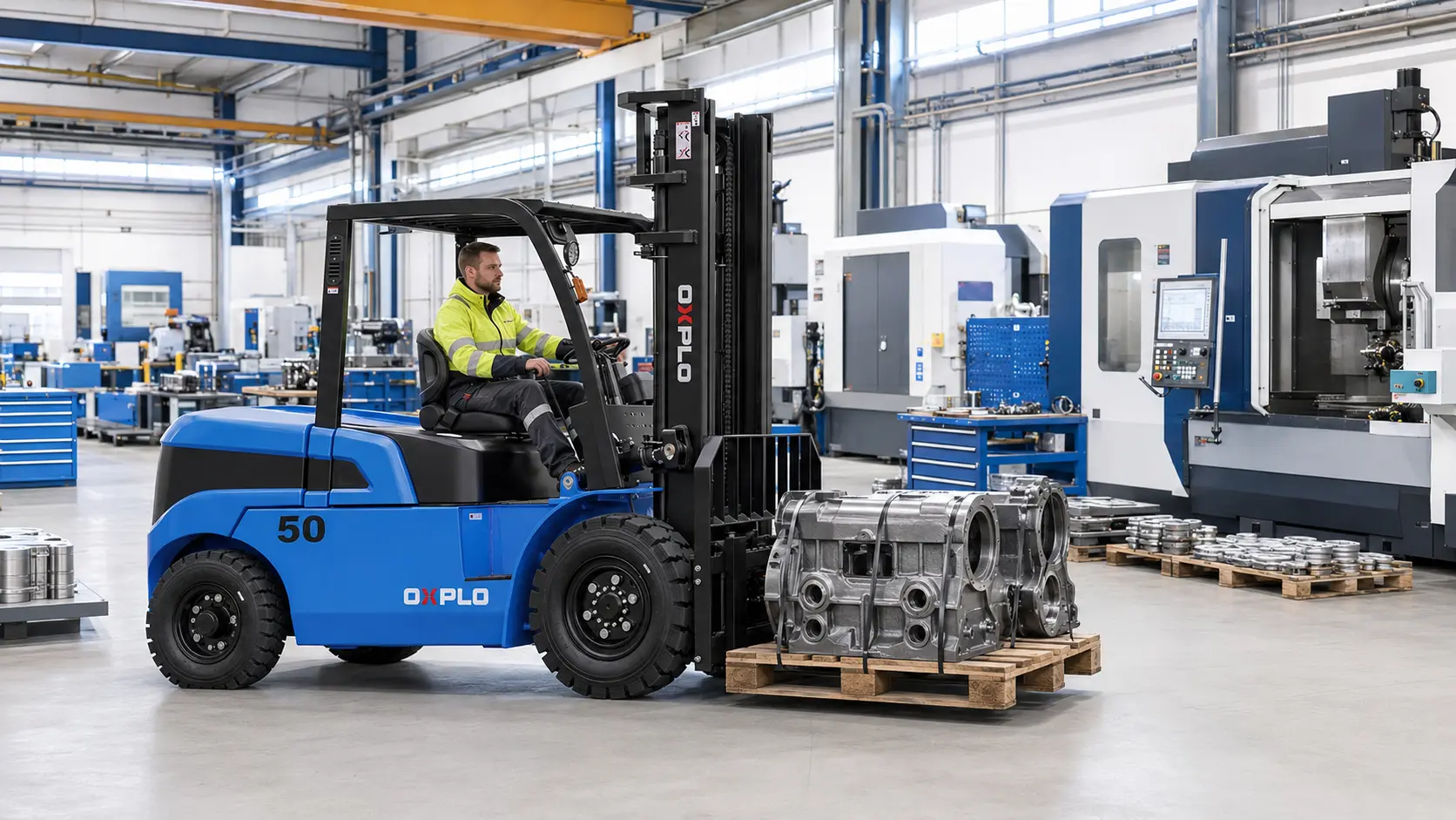 OXPLO forklift modern manufacturing workshop scene
