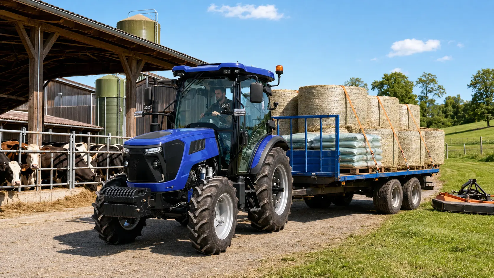 OXPLO tractor towing a hay trailer